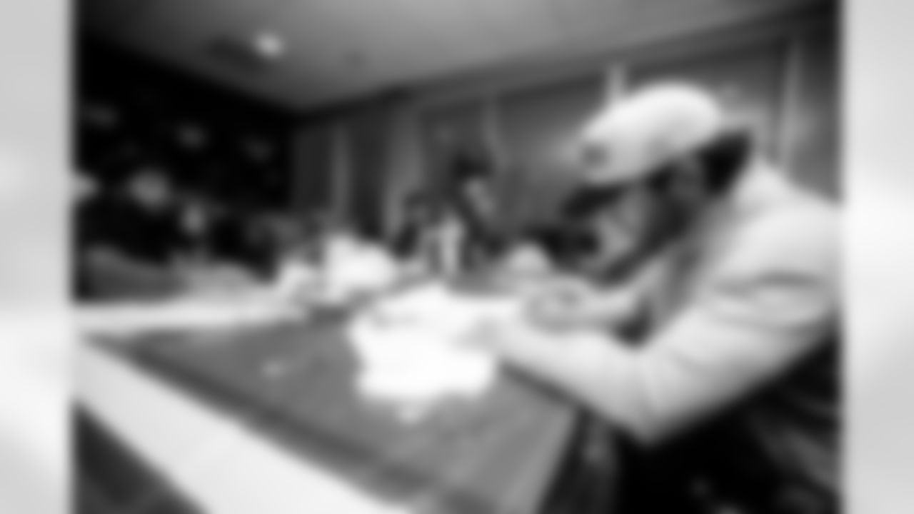 TAMPA, FL - November 19, 2025 - Quarterback Baker Mayfield #6 of the Tampa Bay Buccaneers during a visit with Triumph Together Cancer Warriors. Photo By Kyle Zedaker/Tampa Bay Buccaneers