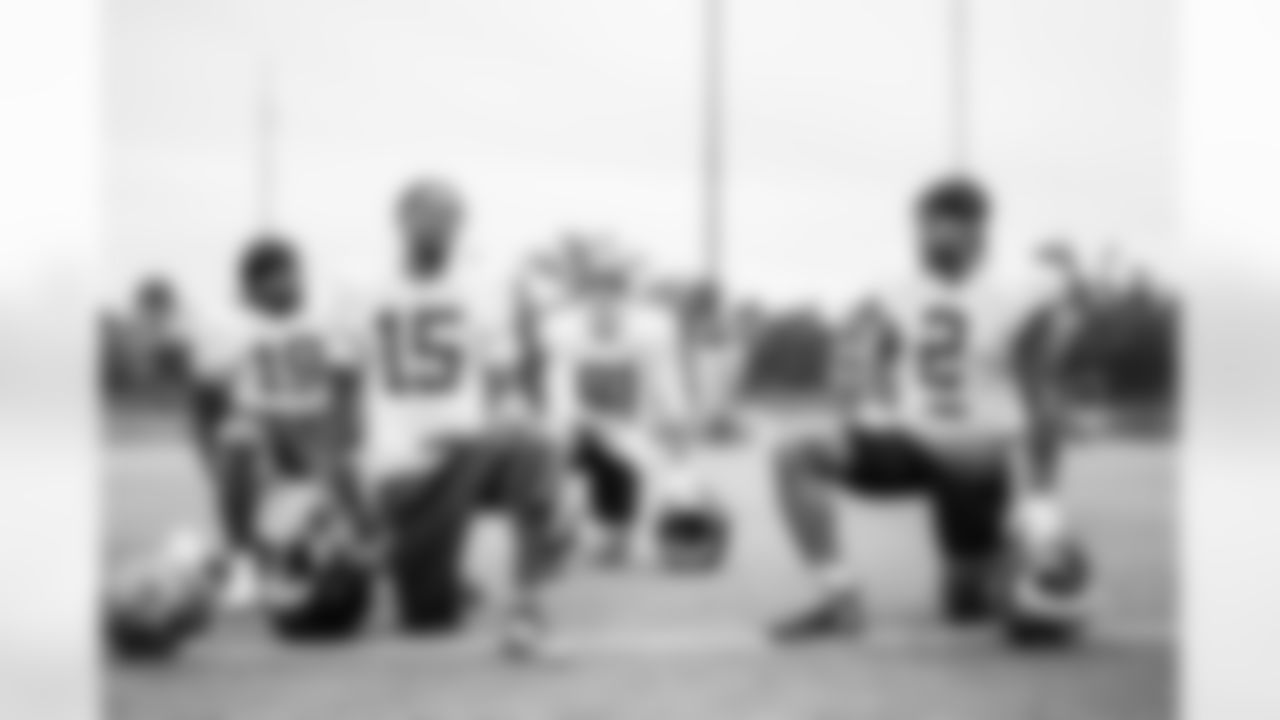 TAMPA, FL - November 06, 2025 - Wide Receiver Tez Johnson #15, Wide Receiver Kameron Johnson #19, Wide Receiver Emeka Egbuka #2 and Wide Receiver Ryan Miller #81 of the Tampa Bay Buccaneers during practice at AdventHealth Training Center. Photo By Tori Richman/Tampa Bay Buccaneers