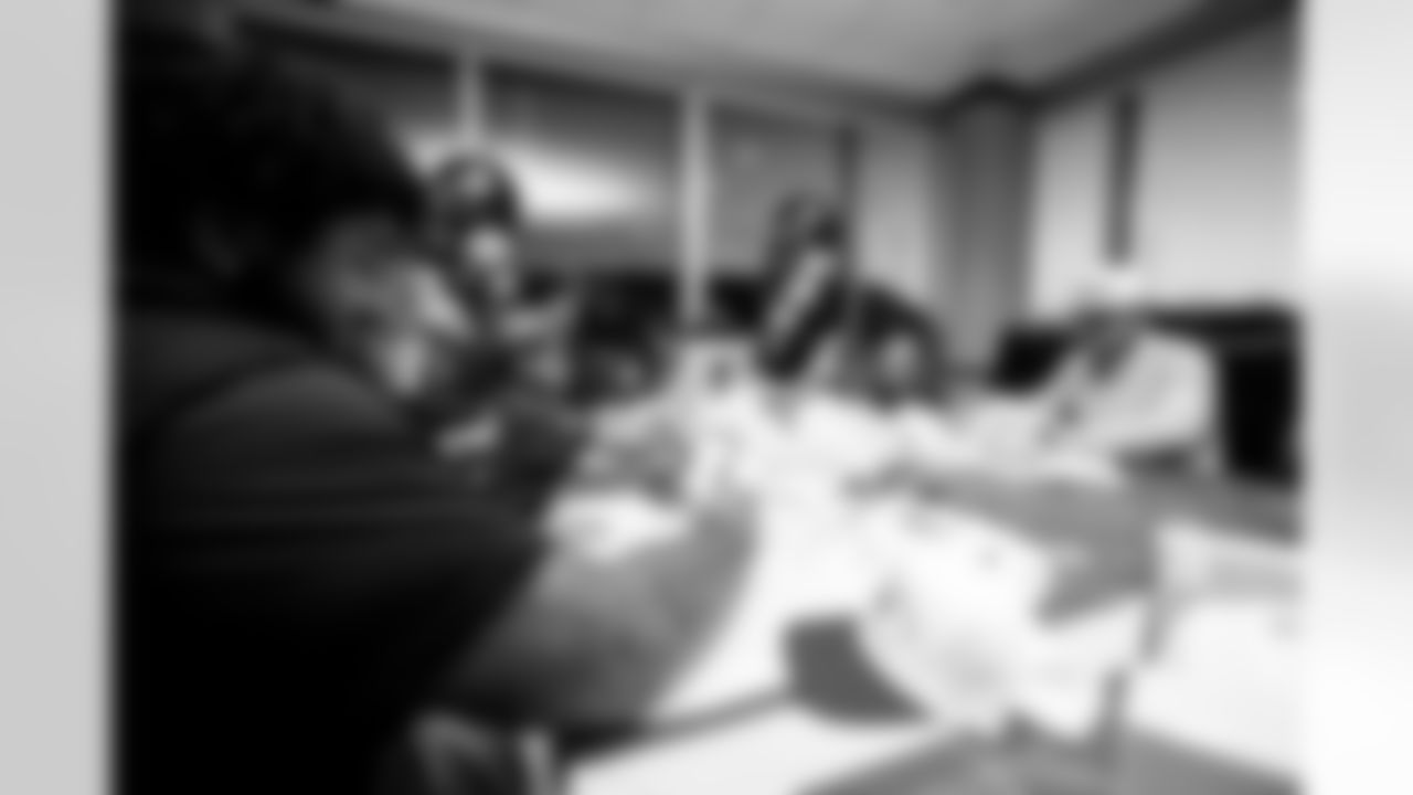 TAMPA, FL - November 19, 2025 - Tackle Tristan Wirfs #78, Guard Ben Bredeson #68, and Quarterback Baker Mayfield #6 of the Tampa Bay Buccaneers during a visit with Triumph Together Cancer Warriors. Photo By Kyle Zedaker/Tampa Bay Buccaneers