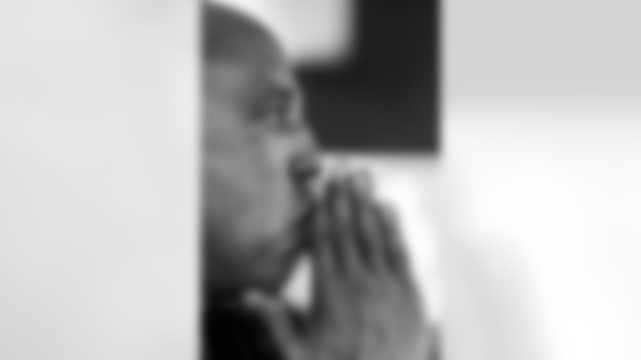 INDIANAPOLIS, IN - February 23, 2026 - Pass Game Coordinator Coach George Edwards of the Tampa Bay Buccaneers during Formal Interviews at the 2026 NFL Combine at Lucas Oil Stadium. Photo By Tori Richman/Tampa Bay Buccaneers