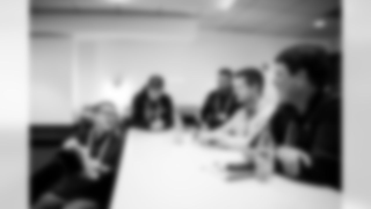 INDIANAPOLIS, IN - February 25, 2026 - General Manager Jason Licht, College Scout Zach Smith, Director of Player Personnel Shane Scannell, Director of College Scouting Tony Hardie and Senior Personnel Executive Byron Kiefer during Formal Interviews at the 2026 NFL Combine at Lucas Oil Stadium. Photo By Tori Richman/Tampa Bay Buccaneers