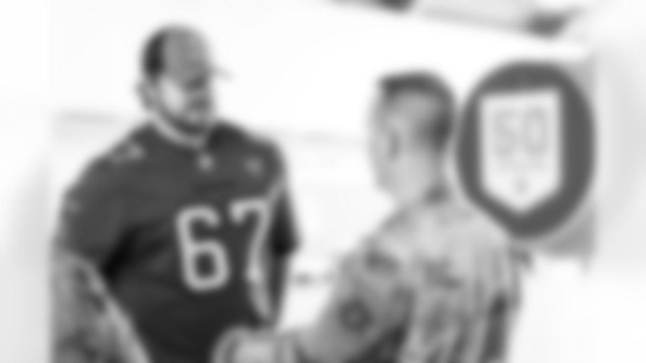 TAMPA, FL - December 02, 2025 - Guard Luke Goedeke #67 of the Tampa Bay Buccaneers during a visit to MacDill Air Force Base. Photo By Kyle Zedaker/Tampa Bay Buccaneers