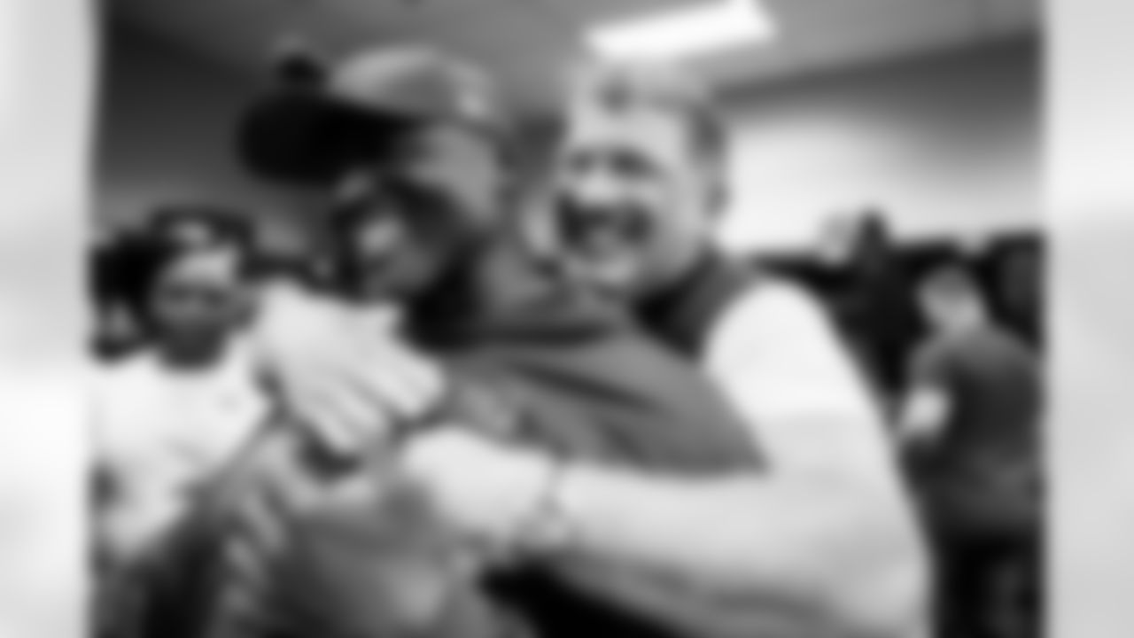HOUSTON, TX - September 15, 2025 - Head Coach Todd Bowles of the Tampa Bay Buccaneers and General Manager Jason Licht after the Monday Night Football game between the Tampa Bay Buccaneers and Houston Texans. The Bucs won the game, 20-19. Photo By Tori Richman/Tampa Bay Buccaneers