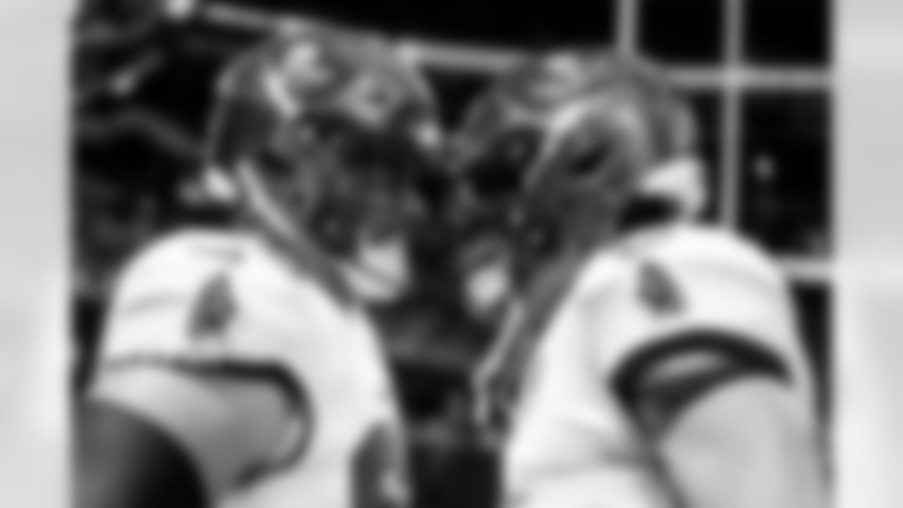 ATLANTA, GA - September 07, 2025 - Guard Ben Bredeson #68 and Quarterback Baker Mayfield #6 of the Tampa Bay Buccaneers before the game between the Tampa Bay Buccaneers and Atlanta Falcons. The Bucs won the game, 23-20. Photo By Kyle Zedaker/Tampa Bay Buccaneers