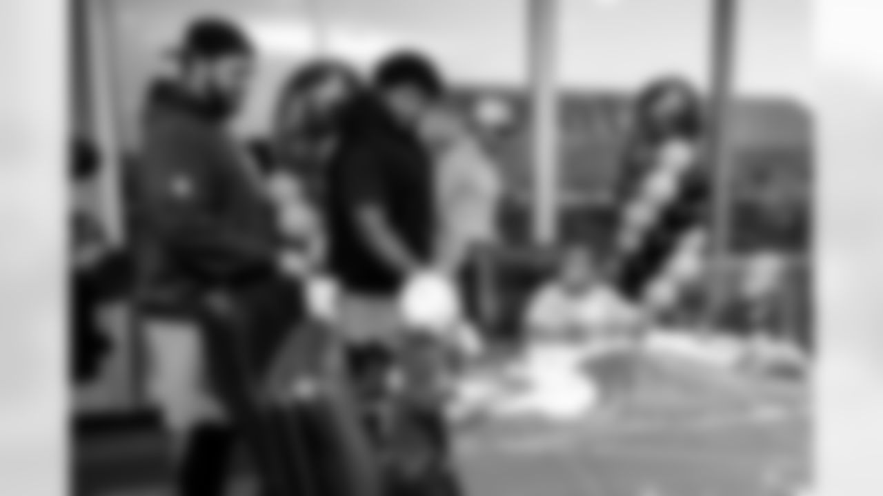 TAMPA, FL - November 19, 2025 - Guard Ben Bredeson #68, Tackle Tristan Wirfs #78, and Quarterback Baker Mayfield #6 of the Tampa Bay Buccaneers during a visit with Triumph Together Cancer Warriors. Photo By Kyle Zedaker/Tampa Bay Buccaneers