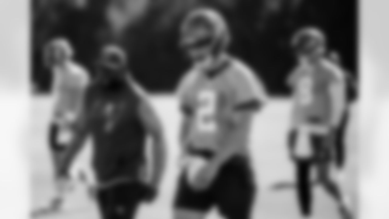 TAMPA, FL - June 11, 2025 - Quarterbacks Coach Thaddeus Lewis and Quarterback Kyle Trask #2 of the Tampa Bay Buccaneers during 2025 Minicamp at AdventHealth Training Center. Photo By Kyle Zedaker/Tampa Bay Buccaneers