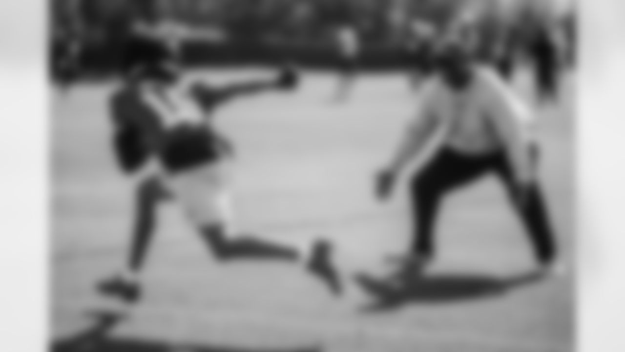 TAMPA, FL - December 04, 2025 - Wide Receiver Tez Johnson #15 and Head Coach Todd Bowles of the Tampa Bay Buccaneers during practice at AdventHealth Training Center. Photo By Tori Richman/Tampa Bay Buccaneers