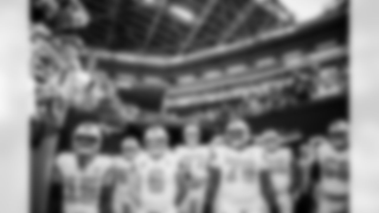 SEATTLE, WA - October 05, 2025 - Wide Receiver Tez Johnson #15, Linebacker John Bullock #57, Quarterback Baker Mayfield #6, Offensive Tackle Charlie Heck #77, Tackle Tristan Wirfs #78, Center Graham Barton #62 and Guard Ben Bredeson #68 of the Tampa Bay Buccaneers before the game between the Tampa Bay Buccaneers and Seattle Seahawks. The Bucs won the game, 38-35. Photo By Tori Richman/Tampa Bay Buccaneers