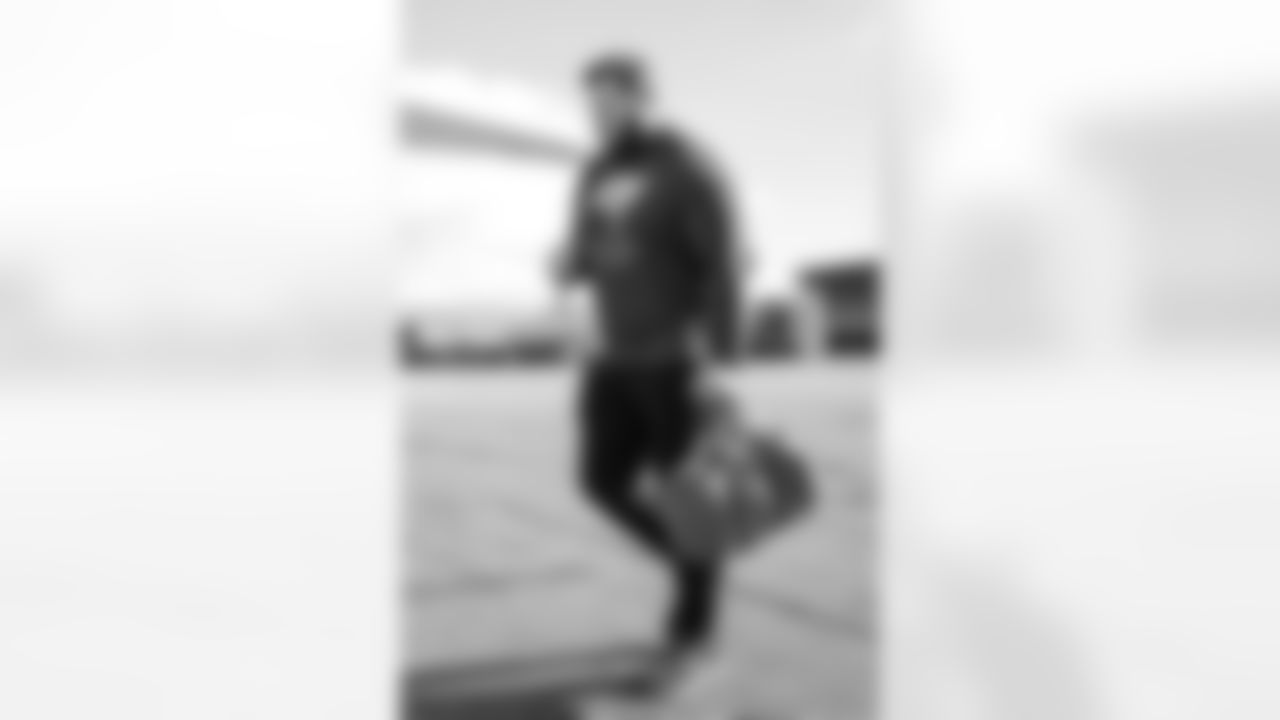 TAMPA, FL - December 27, 2025 - Defensive Lineman Greg Gaines #96 of the Tampa Bay Buccaneers departs Tampa for a Week 17 game against the Miami Dolphins. Photo By Tori Richman/Tampa Bay Buccaneers