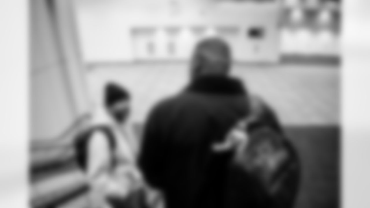 INDIANAPOLIS, IN - February 23, 2026 - Run Game Coordinator/Outside Linebackers Coach Larry Foote of the Tampa Bay Buccaneers and Inside Linebackers Coach Mike Caldwell of the Tampa Bay Buccaneers during Formal Interviews at the 2026 NFL Combine at Lucas Oil Stadium. Photo By Tori Richman/Tampa Bay Buccaneers