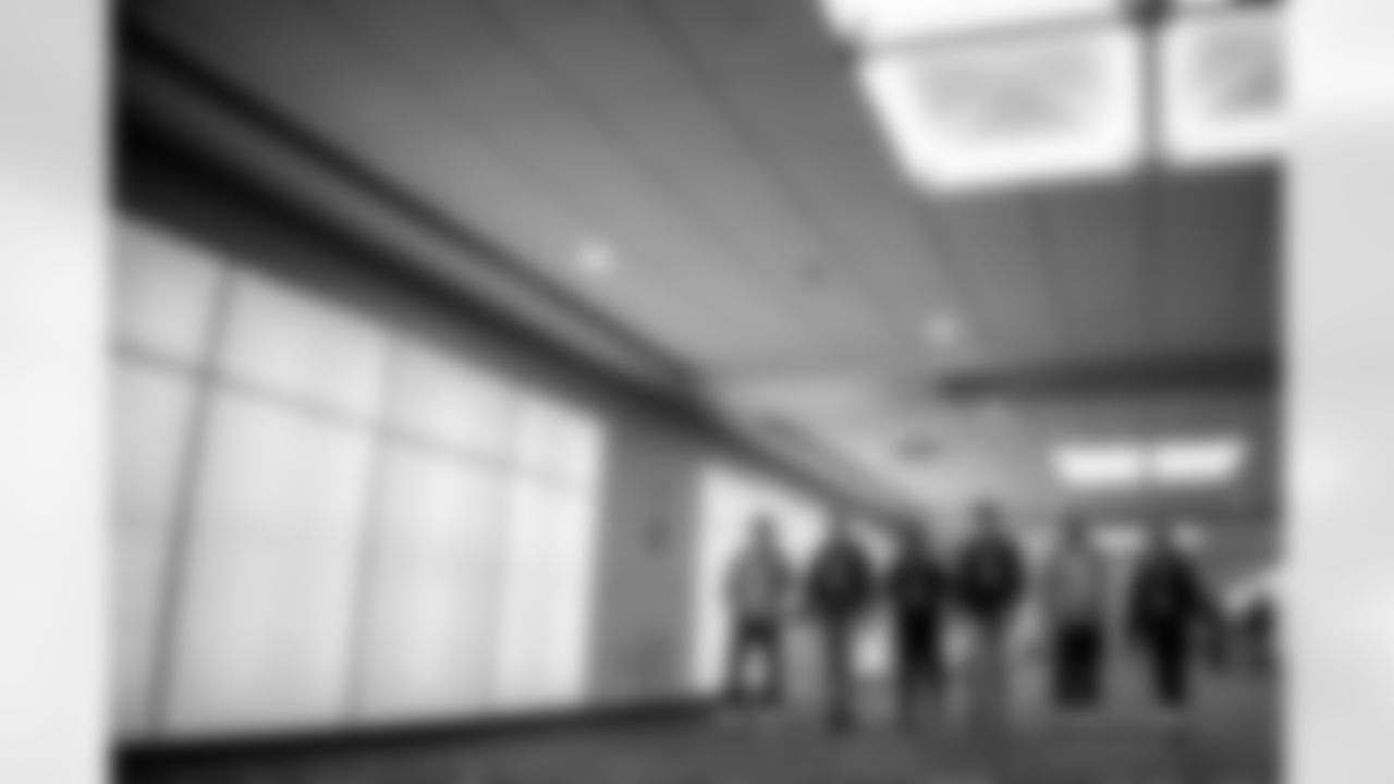 INDIANAPOLIS, IN - February 27, 2026 - Director of College Scouting Tony Hardie, College Scout Brian McLaughlin, College Scout Cesar Rivera, College Scout Zach Smith, National Scout Andy Speyer and Scouting Coordinator Peighton Roth during Workouts at the 2026 NFL Combine at Lucas Oil Stadium. Photo By Tori Richman/Tampa Bay Buccaneers