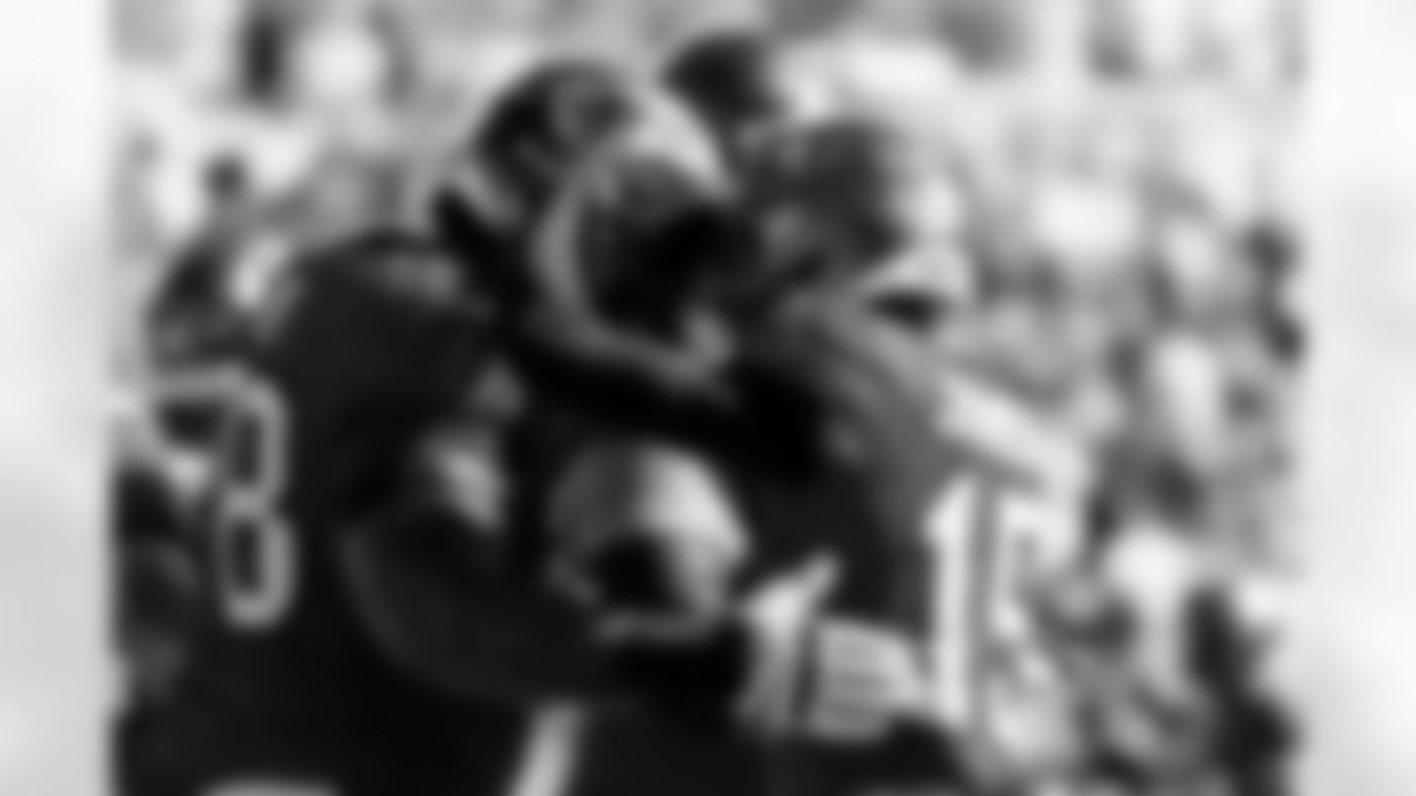 TAMPA, FL - November 30, 2025 - Tackle Tristan Wirfs #78 and Wide Receiver Tez Johnson #15 of the Tampa Bay Buccaneers celebrate a touchdown during the game between the Arizona Cardinals and Tampa Bay Buccaneers. The Bucs won the game, 20-17. Photo By Doug DeFelice/Tampa Bay Buccaneers