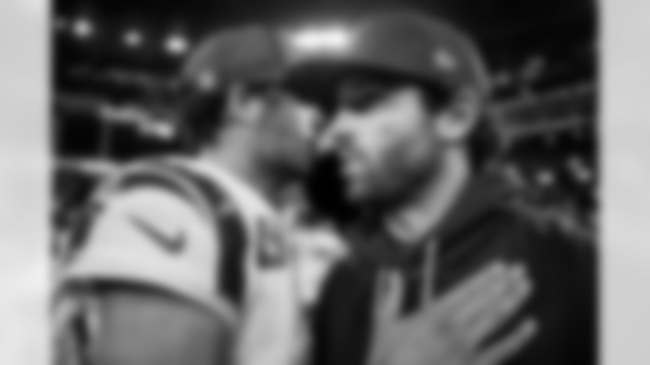 INGLEWOOD, CA - November 23, 2025 - Matthew Stafford and Quarterback Baker Mayfield #6 of the Tampa Bay Buccaneers after the game between the Tampa Bay Buccaneers and Los Angeles Rams. The Bucs lost the game, 34-7. Photo By Kyle Zedaker/Tampa Bay Buccaneers