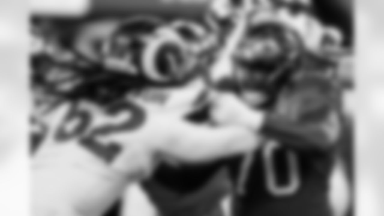 INGLEWOOD, CA - November 23, 2025 - Offensive Tackle Benjamin Chukwuma #70 of the Tampa Bay Buccaneers during the game between the Tampa Bay Buccaneers and Los Angeles Rams. The Bucs lost the game, 34-7. Photo By Kyle Zedaker/Tampa Bay Buccaneers