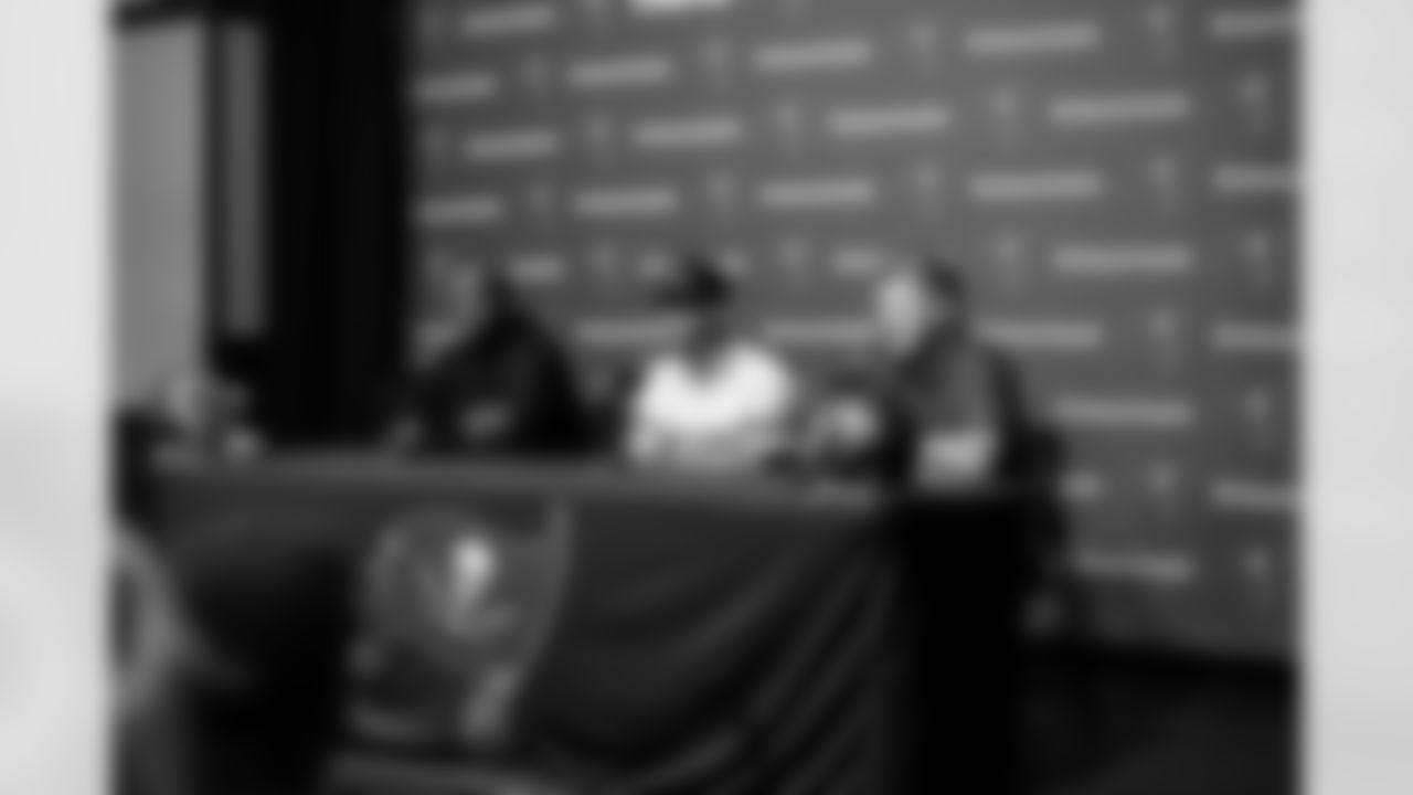TAMPA, FL - April 25, 2025 - Wide Receiver Emeka Egbuka of the Tampa Bay Buccaneers, Head Coach Todd Bowles of the Tampa Bay Buccaneers and General Manager Jason Licht during a press conference at AdventHealth Training Center. Photo By Tori Richman/Tampa Bay Buccaneers