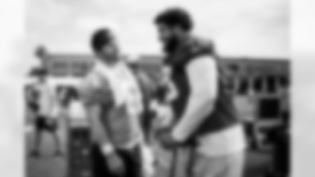 TAMPA, FL - July 23, 2025 - Quarterback Baker Mayfield #6 and Tackle Tristan Wirfs #78 of the Tampa Bay Buccaneers during 2025 Training Camp at AdventHealth Training Center. Photo By Tori Richman/Tampa Bay Buccaneers