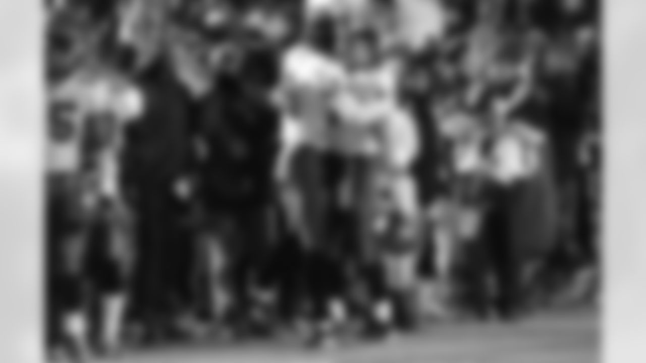 PHILADELPHIA, PA - JANUARY 19: Wide receiver Keyshawn Johnson #19 and Safety John Lynch #47 of the Tampa Bay Buccaneers hug during the post game celebration at the NFC Championship Game at Veterans Stadium on January 19, 2003 in Philadelphia, Pennsylvania. The Buccaneers won 27-10. (Jim Enos/Tampa Bay Buccaneers)