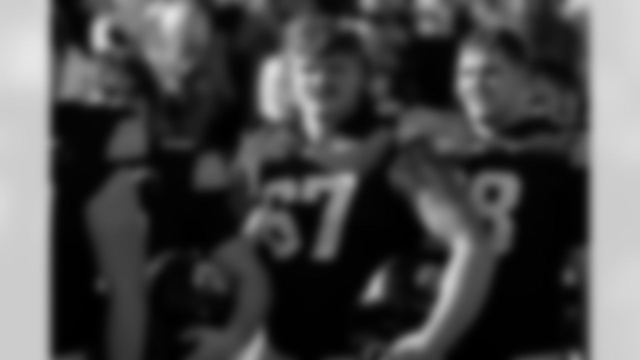 Iowa offensive lineman Gennings Dunker (67) stands on the field before an NCAA college football game against Northwestern, Saturday, Oct. 26, 2024, in Iowa City, Iowa. (AP Photo/Charlie Neibergall)