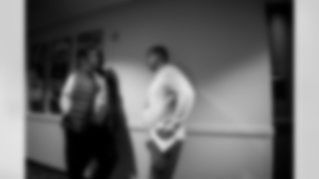 INDIANAPOLIS, IN - February 25, 2026 - Head Coach Todd Bowles of the Tampa Bay Buccaneers and National Scout Andy Speyer during Formal Interviews at the 2026 NFL Combine at Lucas Oil Stadium. Photo By Tori Richman/Tampa Bay Buccaneers