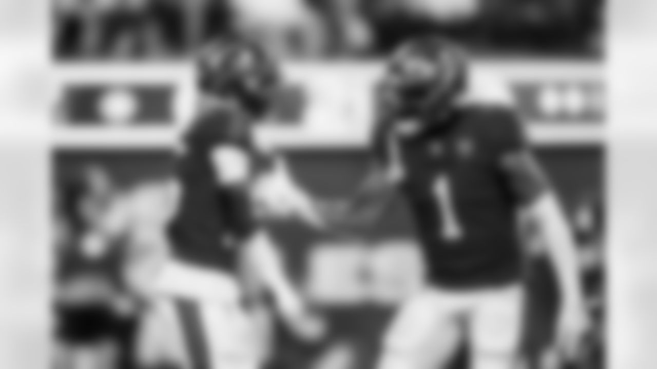 INGLEWOOD, CA - November 23, 2025 - Wide Receiver Tez Johnson #15 and Running Back Rachaad White #1 of the Tampa Bay Buccaneers during the game between the Tampa Bay Buccaneers and Los Angeles Rams. The Bucs lost the game, 34-7. Photo By Tori Richman/Tampa Bay Buccaneers