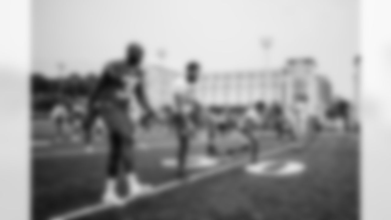 PITTSBURGH, PA - August 13, 2025 - Cornerback Jamel Dean #35 and Wide Receiver Mike Evans #13 of the Tampa Bay Buccaneers during practice at Gesling Stadium. Photo By Kyle Zedaker/Tampa Bay Buccaneers