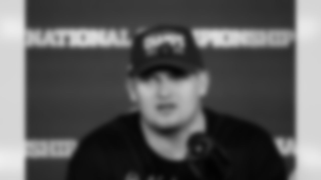 Indiana offensive lineman Pat Coogan speaks during the champions news conference after theiir win against Miami in the College Football Playoff national championship game, Tuesday, Jan. 20, 2026, in Miami. (AP Photo/Chris Carlson)