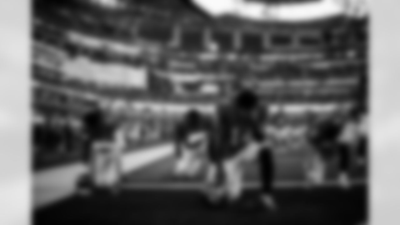 INGLEWOOD, CA - November 23, 2025 - Wide Receiver Tez Johnson #15, Offensive Tackle Benjamin Chukwuma #70, Wide Receiver Chris Godwin #14 and Quarterback Baker Mayfield #6 of the Tampa Bay Buccaneers before the game between the Tampa Bay Buccaneers and Los Angeles Rams. The Bucs lost the game, 34-7. Photo By Tori Richman/Tampa Bay Buccaneers