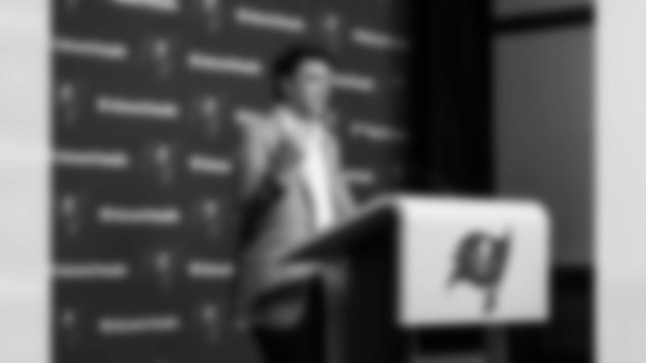 TAMPA, FL - January 27, 2026 - Offensive Coordinator Zac Robinson of the Tampa Bay Buccaneers during his introductory press conference at AdventHealth Training Center. Photo By Tori Richman/Tampa Bay Buccaneers