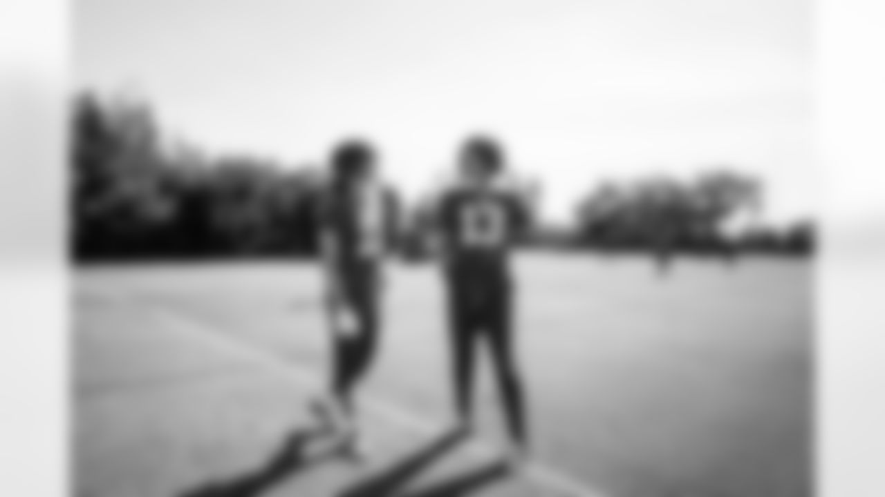 TAMPA, FL - December 04, 2025 - Wide Receiver Jalen McMillan #11 and Wide Receiver Mike Evans #13 of the Tampa Bay Buccaneers during practice at AdventHealth Training Center. Photo By Tori Richman/Tampa Bay Buccaneers