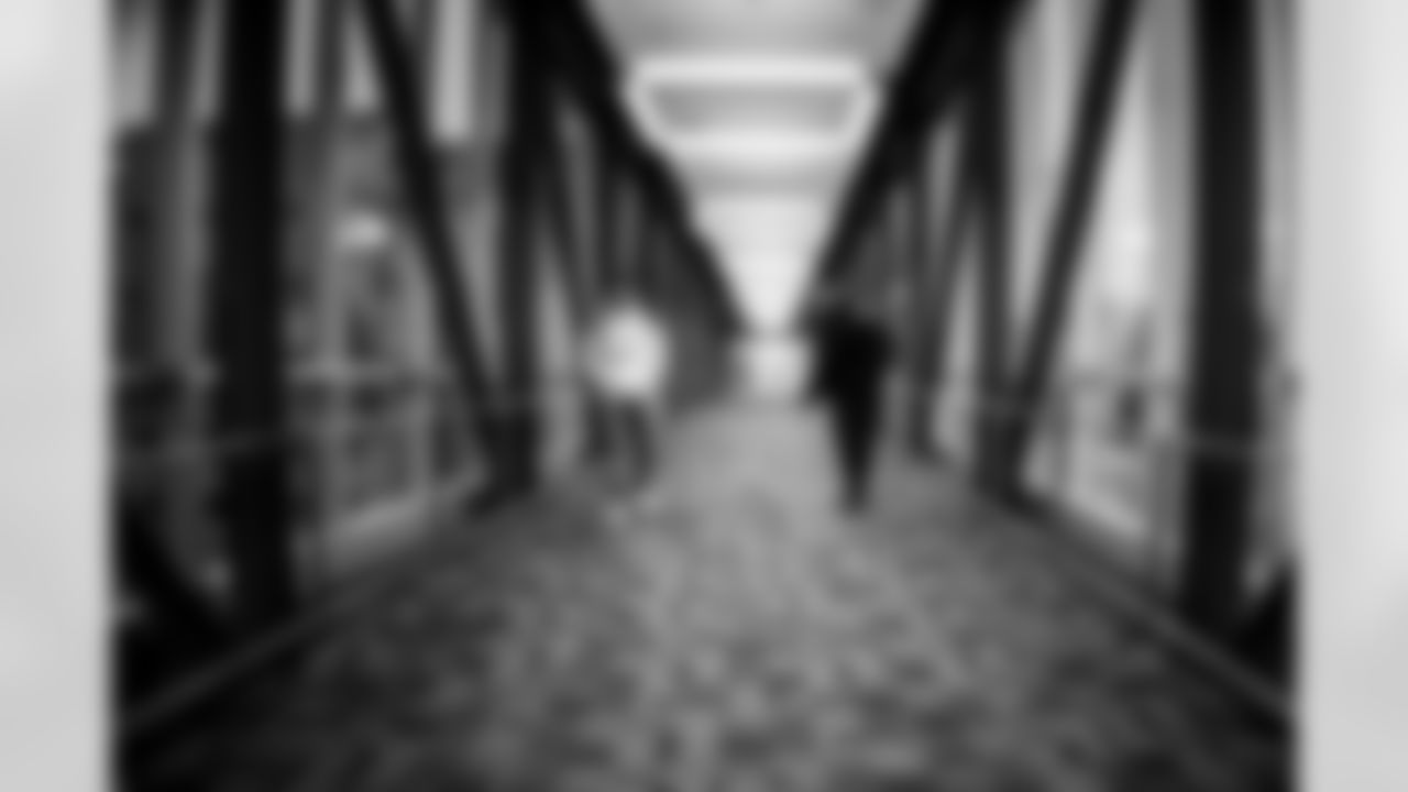 INDIANAPOLIS, IN - February 23, 2026 - Run Game Coordinator/Outside Linebackers Coach Larry Foote of the Tampa Bay Buccaneers and Inside Linebackers Coach Mike Caldwell of the Tampa Bay Buccaneers during Formal Interviews at the 2026 NFL Combine at Lucas Oil Stadium. Photo By Tori Richman/Tampa Bay Buccaneers