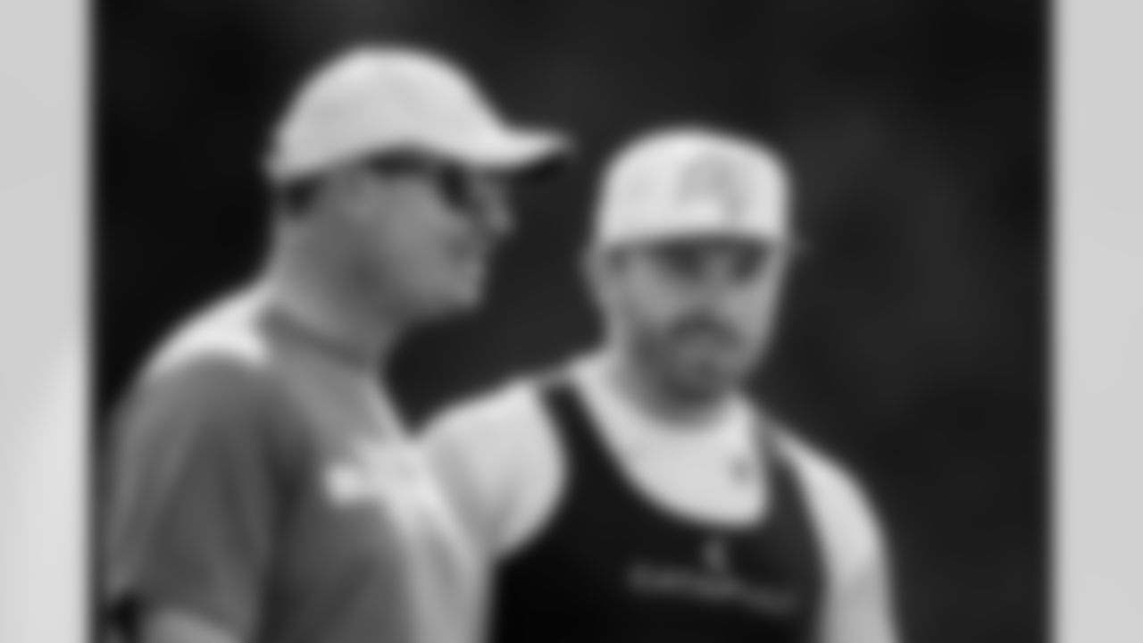 TAMPA, FL - May 05, 2025 - Offensive Coordinator Josh Grizzard and Quarterback Baker Mayfield #6 of the Tampa Bay Buccaneers during Phase 2 workouts at AdventHealth Training Center. Photo By Kyle Zedaker/Tampa Bay Buccaneers