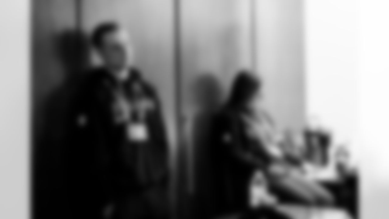 INDIANAPOLIS, IN - February 23, 2026 - NFS/Combine Scout Jordan Morrow and Scouting Coordinator Peighton Roth during Formal Interviews at the 2026 NFL Combine at Lucas Oil Stadium. Photo By Tori Richman/Tampa Bay Buccaneers