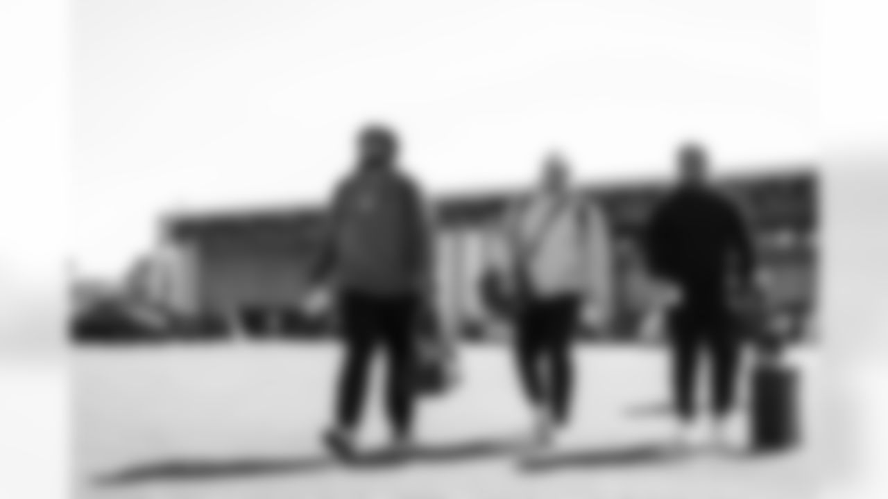 TAMPA, FL - November 15, 2025 - Tackle Tristan Wirfs #78, Center Graham Barton #62, and Guard Ben Bredeson #68 of the Tampa Bay Buccaneers depart before the Bucs' game against the Buffalo Bills. Photo By Tori Richman/Tampa Bay Buccaneers