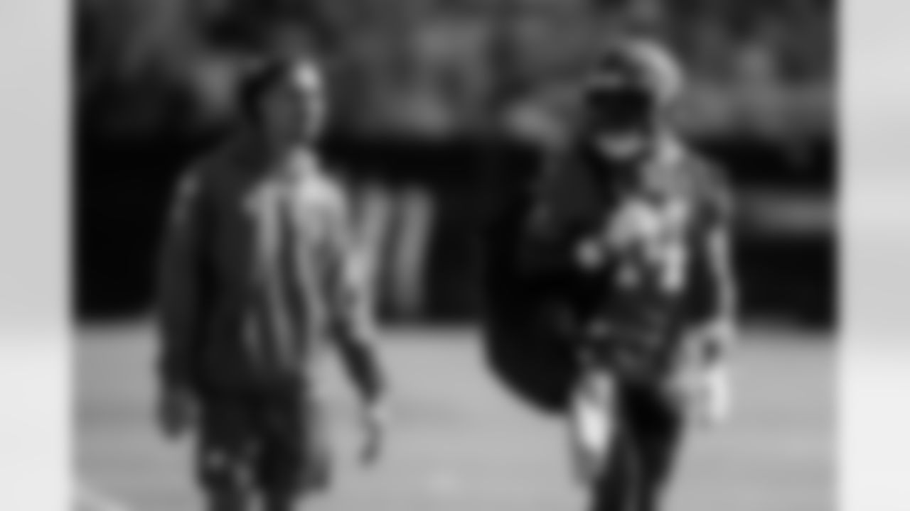 TAMPA, FL - November 13, 2025 - Wide Receiver Jalen McMillan #11 and Wide Receiver Chris Godwin Jr. #14 of the Tampa Bay Buccaneers during practice at AdventHealth Training Center. Photo By Kyle Zedaker/Tampa Bay Buccaneers