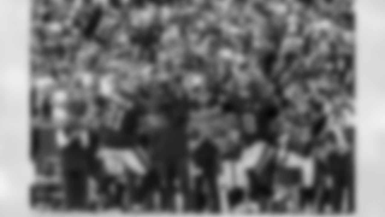 TAMPA, FL - November 30, 2025 - Safety Antoine Winfield Jr. #31 and Inside Linebacker SirVocea Dennis #8 of the Tampa Bay Buccaneers celebrate a turnover on downs during the game between the Arizona Cardinals and Tampa Bay Buccaneers. The Bucs won the game, 20-17. Photo By Mike Carlson/Tampa Bay Buccaneers