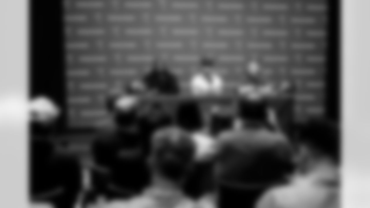 TAMPA, FL - April 25, 2025 - Wide Receiver Emeka Egbuka of the Tampa Bay Buccaneers, Head Coach Todd Bowles of the Tampa Bay Buccaneers and General Manager Jason Licht during a press conference at AdventHealth Training Center. Photo By Tori Richman/Tampa Bay Buccaneers