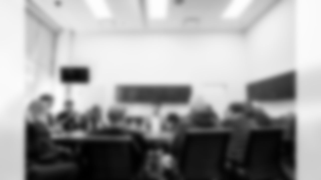 TAMPA, FL - January 27, 2026 - Offensive Coordinator Zac Robinson of the Tampa Bay Buccaneers speaks with the media after his introductory press conference at AdventHealth Training Center. Photo By Tori Richman/Tampa Bay Buccaneers