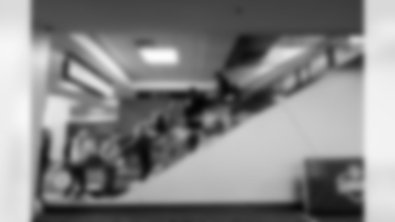 INDIANAPOLIS, IN - February 27, 2026 - Director of College Scouting Tony Hardie, College Scout Brian McLaughlin, College Scout Cesar Rivera, College Scout Zach Smith, National Scout Andy Speyer and Scouting Coordinator Peighton Roth during Workouts at the 2026 NFL Combine at Lucas Oil Stadium. Photo By Tori Richman/Tampa Bay Buccaneers