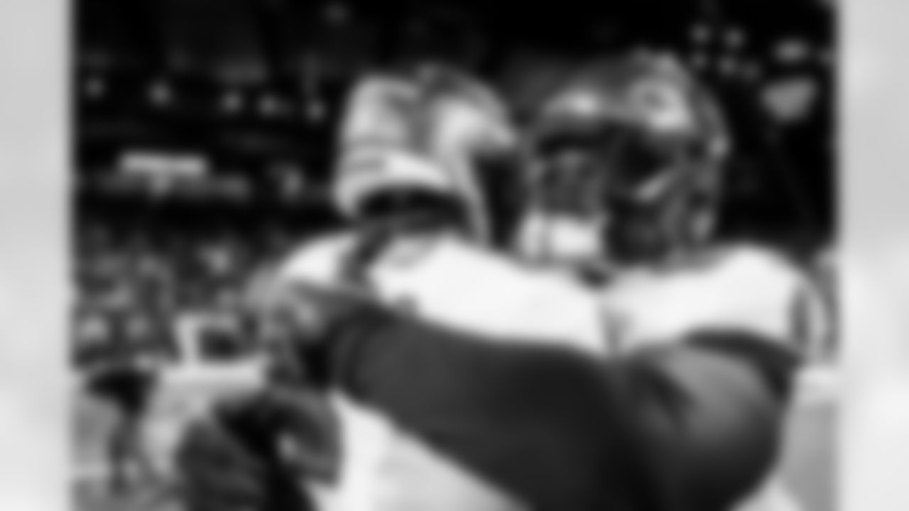 DETROIT, MI - October 20, 2025 - Quarterback Baker Mayfield #6 and Inside Linebacker Lavonte David #54 of the Tampa Bay Buccaneers before the Monday Night Football game between the Tampa Bay Buccaneers and Detroit Lions. The Bucs lost the game, 24-9. Photo By Tori Richman/Tampa Bay Buccaneers
