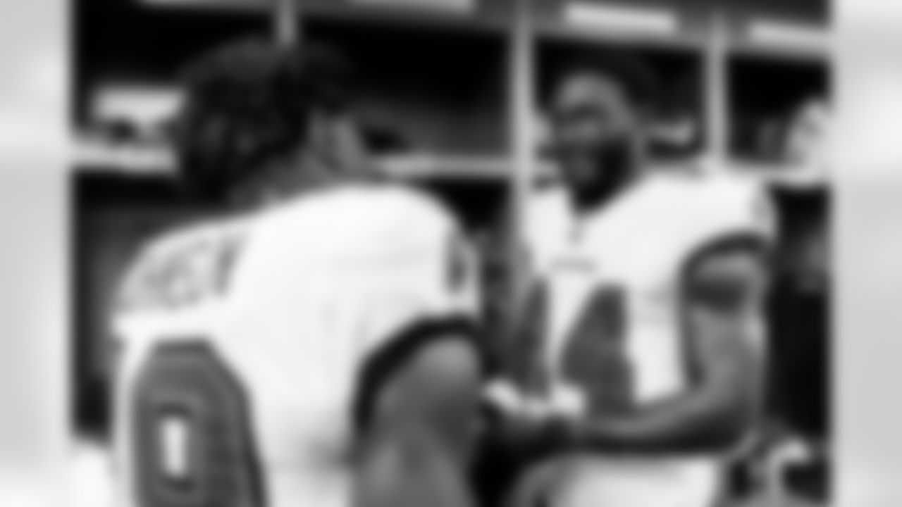 DETROIT, MI - September 15, 2024 - Wide Receiver Kameron Johnson #19 and Wide Receiver Chris Godwin #14 of the Tampa Bay Buccaneers before the game between the Tampa Bay Buccaneers and Detroit Lions. The Bucs won the game, 20-16. Photo By Kyle Zedaker/Tampa Bay Buccaneers