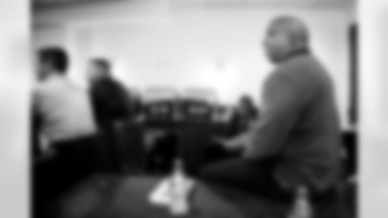 INDIANAPOLIS, IN - February 25, 2026 - Pass Game Coordinator Coach George Edwards of the Tampa Bay Buccaneers during Formal Interviews at the 2026 NFL Combine at Lucas Oil Stadium. Photo By Tori Richman/Tampa Bay Buccaneers