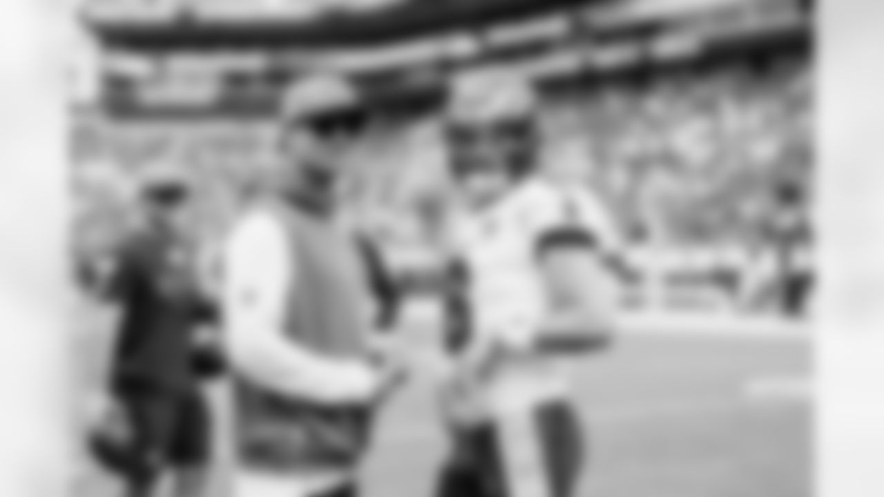 TAMPA, FL - November 09, 2025 - Offensive Coordinator Josh Grizzard and Quarterback Baker Mayfield #6 of the Tampa Bay Buccaneers before the game between the New England Patriots and Tampa Bay Buccaneers. The Bucs lost the game, 28-23. Photo By Tori Richman/Tampa Bay Buccaneers