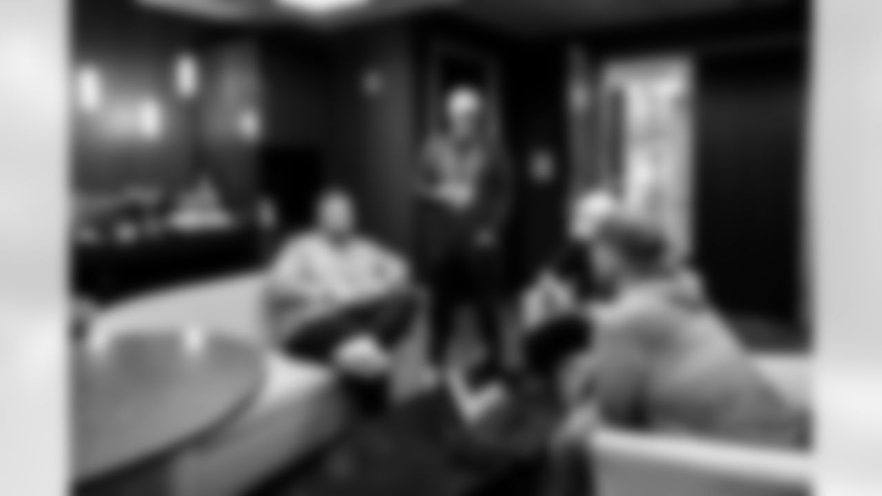 INDIANAPOLIS, IN - February 26, 2026 - Director of Player Personnel Shane Scannell, Vice President of Player Personnel Mike Biehl and Assistant General Manager Rob McCartney during Workouts at the 2026 NFL Combine at Lucas Oil Stadium. Photo By Tori Richman/Tampa Bay Buccaneers