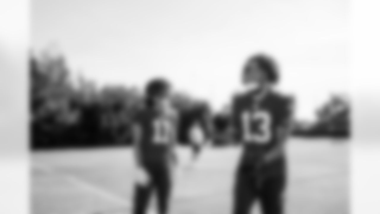 TAMPA, FL - December 04, 2025 - Wide Receiver Jalen McMillan #11 and Wide Receiver Mike Evans #13 of the Tampa Bay Buccaneers during practice at AdventHealth Training Center. Photo By Tori Richman/Tampa Bay Buccaneers