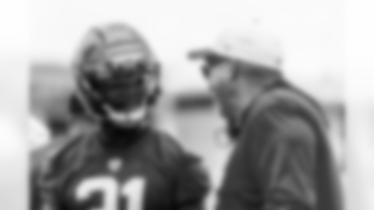 TAMPA, FL - May 09, 2025 - Cornerback Benjamin Morrison #21 of the Tampa Bay Buccaneers and General Manager Jason Licht during 2025 Rookie Mini Camp at AdventHealth Training Center. Photo By Tori Richman/Tampa Bay Buccaneers