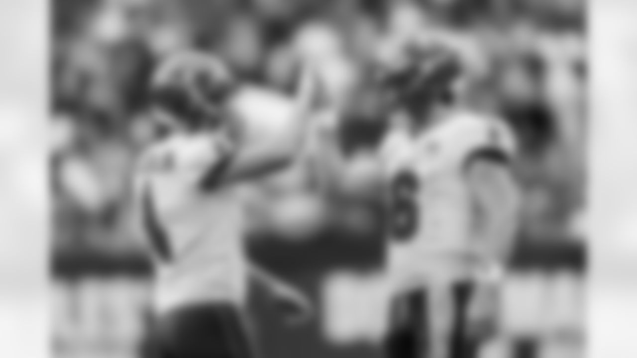 TAMPA, FL - November 09, 2025 - Quarterback Baker Mayfield #6 and Kicker Chase McLaughlin #4 of the Tampa Bay Buccaneers during the game between the New England Patriots and Tampa Bay Buccaneers. The Bucs lost the game, 28-23. Photo By Tori Richman/Tampa Bay Buccaneers