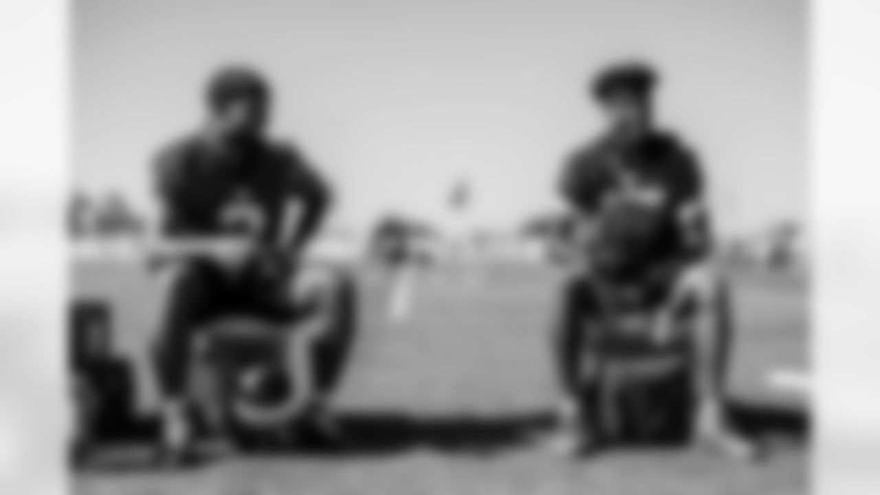 TAMPA, FL - November 20, 2025 - Wide Receiver Emeka Egbuka #2 and Wide Receiver Tez Johnson #15 of the Tampa Bay Buccaneers during practice at AdventHealth Training Center. Photo By Tori Richman/Tampa Bay Buccaneers