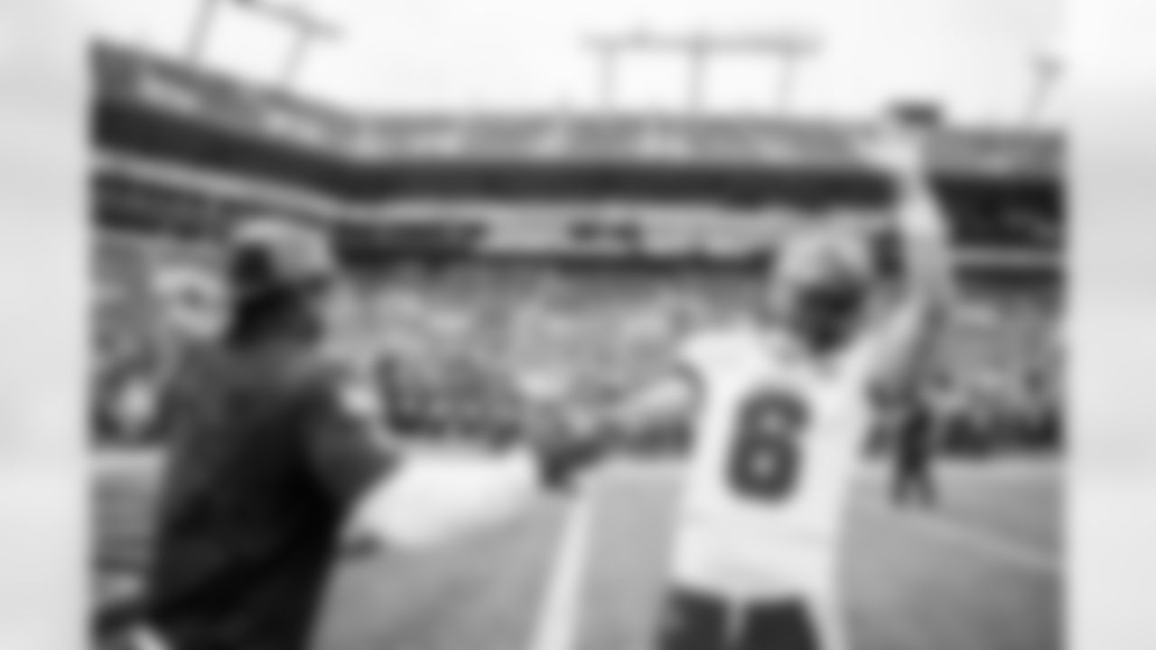TAMPA, FL - November 09, 2025 - Running Back Bucky Irving #7 and Quarterback Baker Mayfield #6 of the Tampa Bay Buccaneers before the game between the New England Patriots and Tampa Bay Buccaneers. The Bucs lost the game, 28-23. Photo By Tori Richman/Tampa Bay Buccaneers