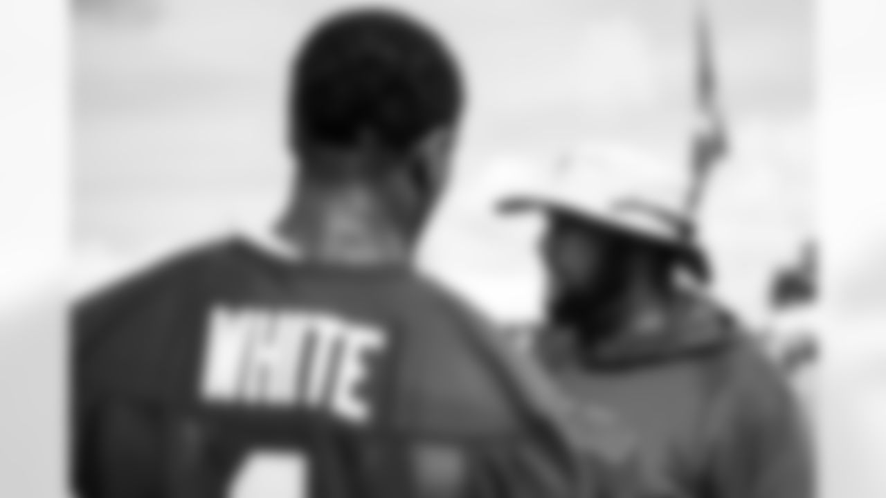 TAMPA, FL - August 02, 2025 - Running Back Rachaad White #1 and Running Backs Coach Skip Peete of the Tampa Bay Buccaneers during 2025 Training Camp at AdventHealth Training Center. Photo By Kyle Zedaker/Tampa Bay Buccaneers