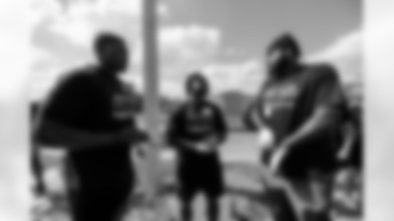 TAMPA, FL - November 18, 2025 - Outside Linebacker Yaya Diaby #0, Safety Rashad Wisdom #38, and Tight End Devin Culp #82 of the Tampa Bay Buccaneers during a home build with Habitat for Humanity of Tampa Bay Hillsborough. Photo By Doug DeFelice/Tampa Bay Buccaneers